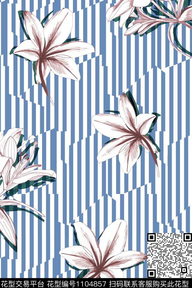 条纹手绘花卉花卉数码印花华亿平台下载（图片编号: 1104857） - 瓦栏（Walan）