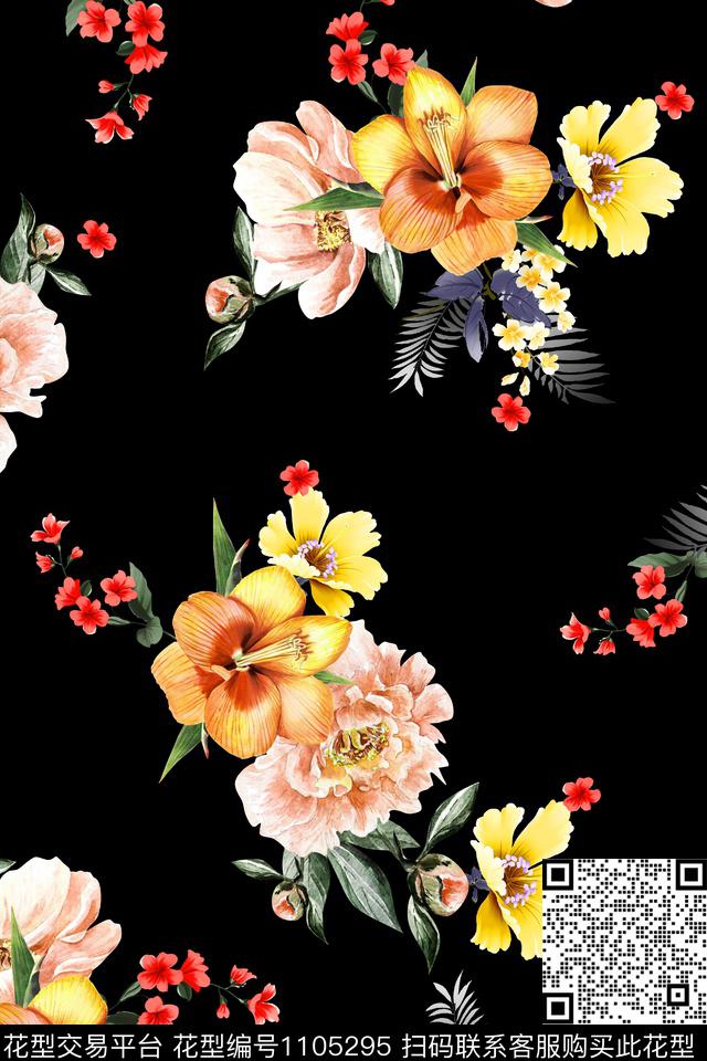 黑底花卉水彩花卉手绘花卉数码印花华亿平台下载（图片编号: 1105295） - 瓦栏（Walan）