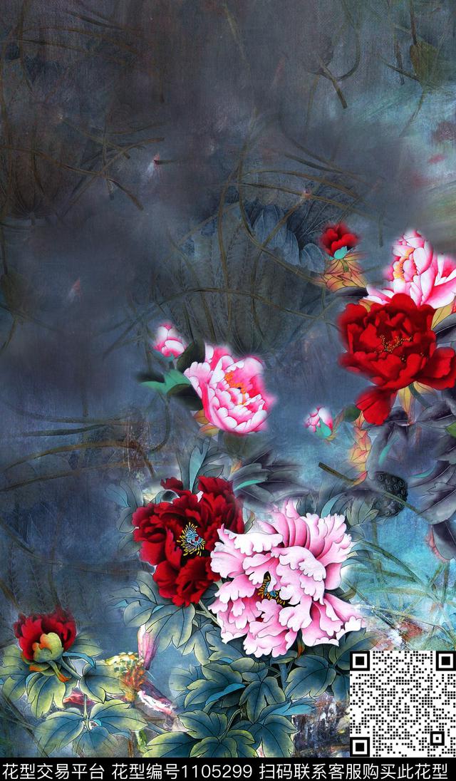 中国风定位花牡丹中老年定位花数码印花华亿平台下载（图片编号: 1105299） - 瓦栏（Walan）