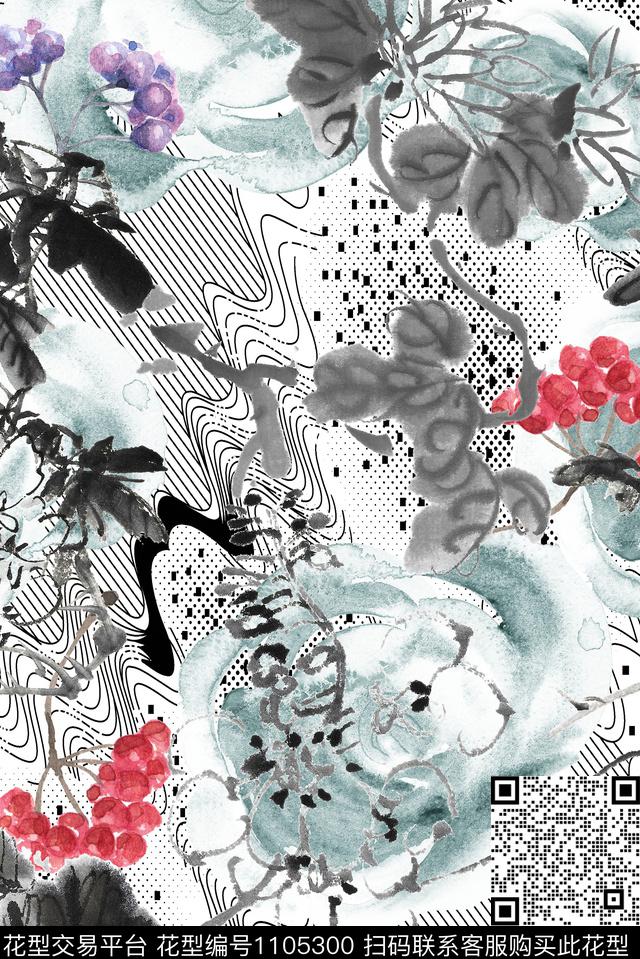 线条抽象花卉数码印花华亿平台下载（图片编号: 1105300） - 瓦栏（Walan）