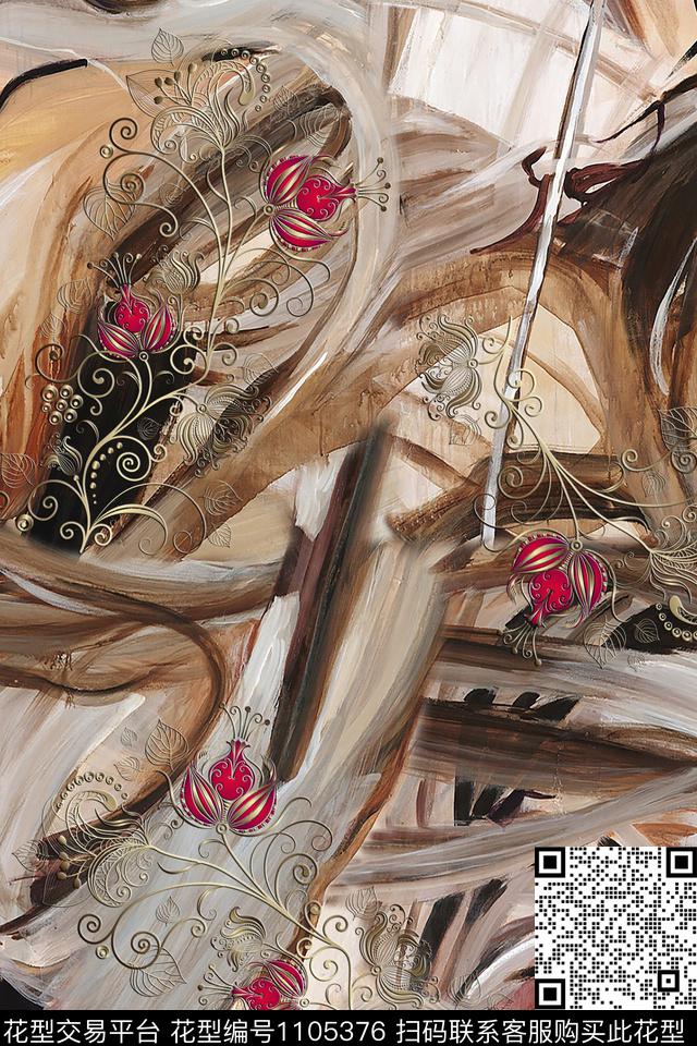 抽象线条花卉复古数码印花华亿平台下载（图片编号: 1105376） - 瓦栏（Walan）