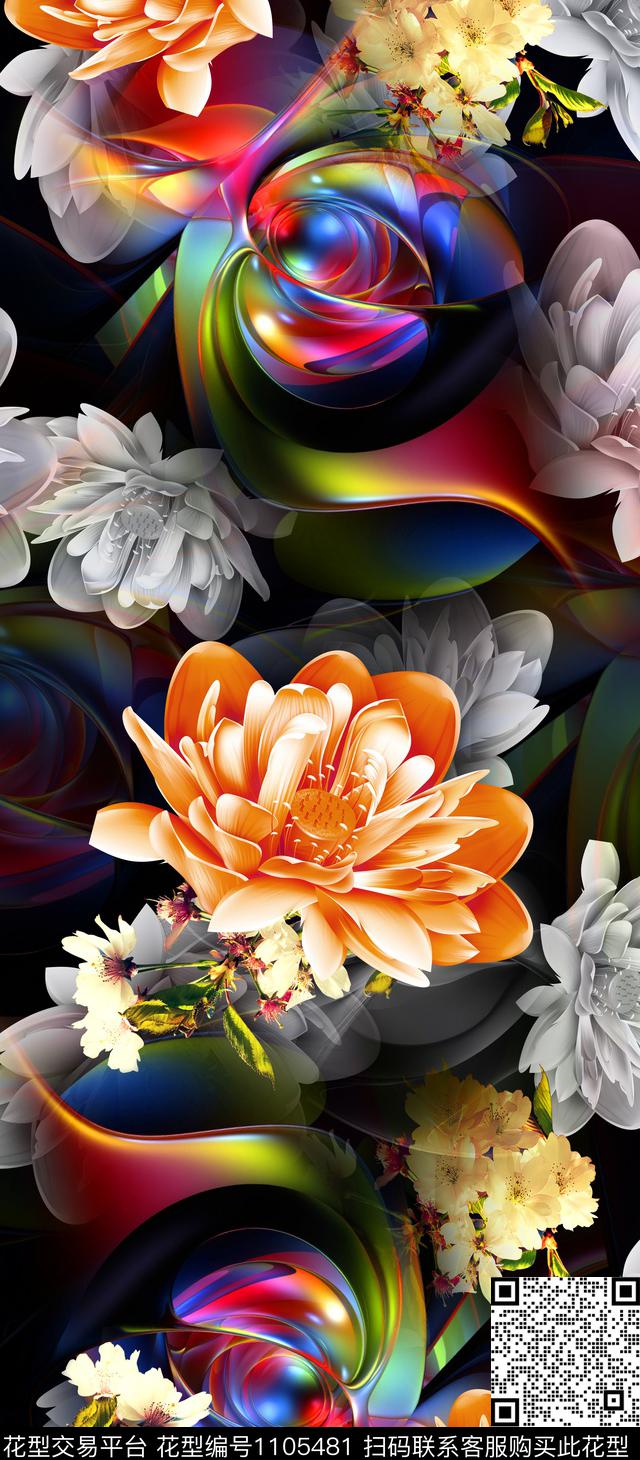秋冬华亿平台抽象中国风定位花数码印花华亿平台下载（图片编号: 1105481） - 瓦栏（Walan）