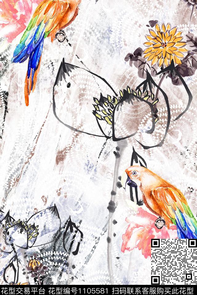 肌理鸟抽象数码印花华亿平台下载（图片编号: 1105581） - 瓦栏（Walan）