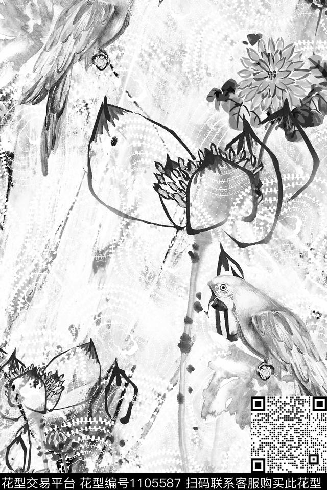 肌理鸟抽象数码印花华亿平台下载（图片编号: 1105587） - 瓦栏（Walan）