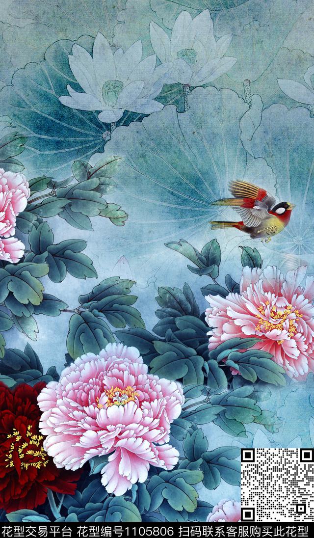 牡丹中国风定位花中老年定位花数码印花华亿平台下载（图片编号: 1105806） - 瓦栏（Walan）