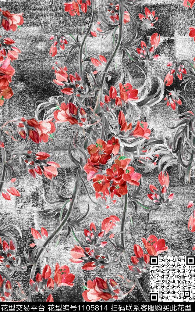 肌理笔触花卉数码印花华亿平台下载（图片编号: 1105814） - 瓦栏（Walan）
