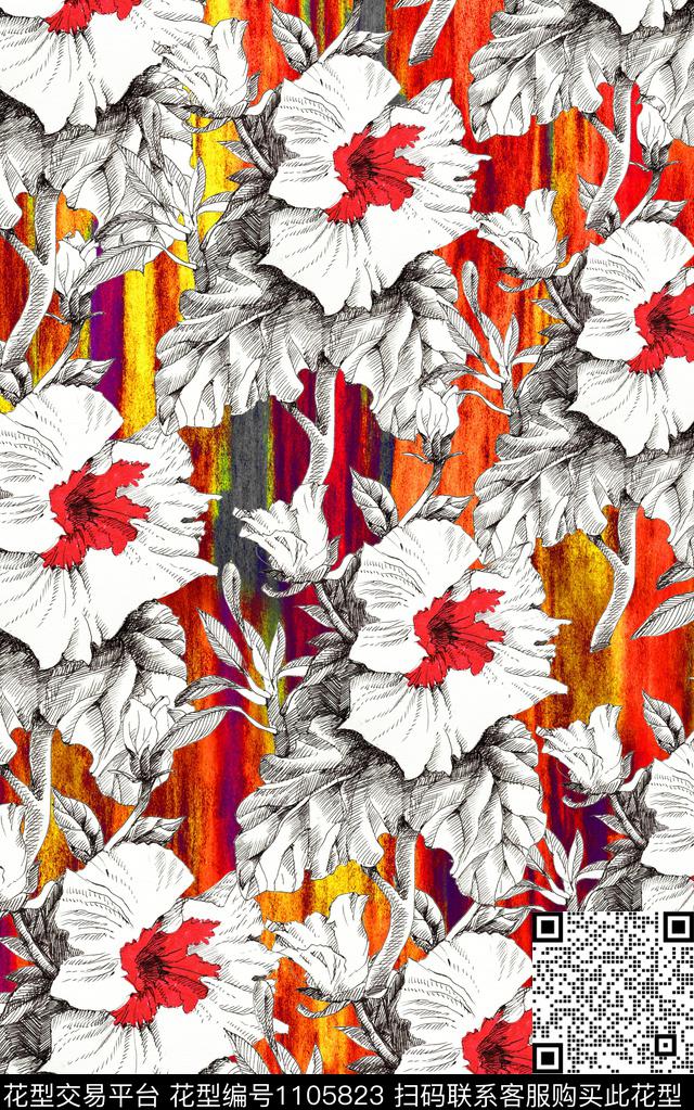 笔触线条花卉花卉数码印花华亿平台下载（图片编号: 1105823） - 瓦栏（Walan）