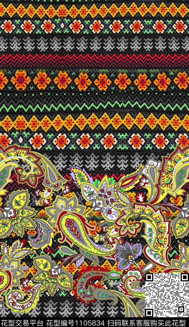 定位花民族风佩斯利数码印花华亿平台下载（图片编号: 1105834） - 瓦栏（Walan）