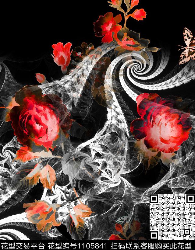 抽象花卉玫瑰花数码印花华亿平台下载（图片编号: 1105841） - 瓦栏（Walan）