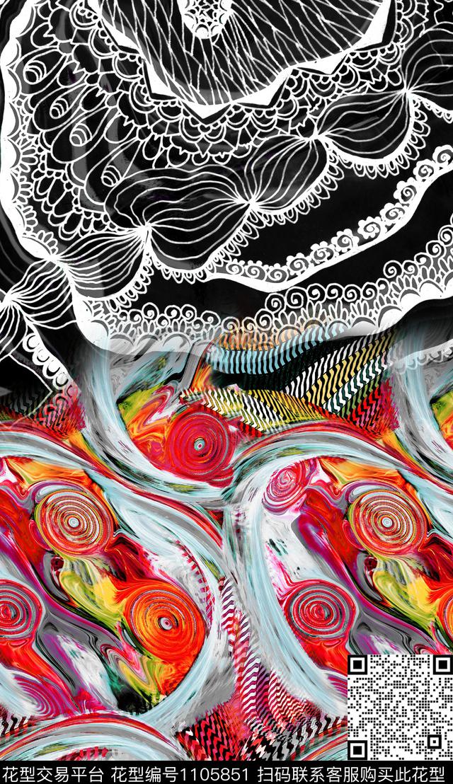 定位花线条笔触数码印花华亿平台下载（图片编号: 1105851） - 瓦栏（Walan）