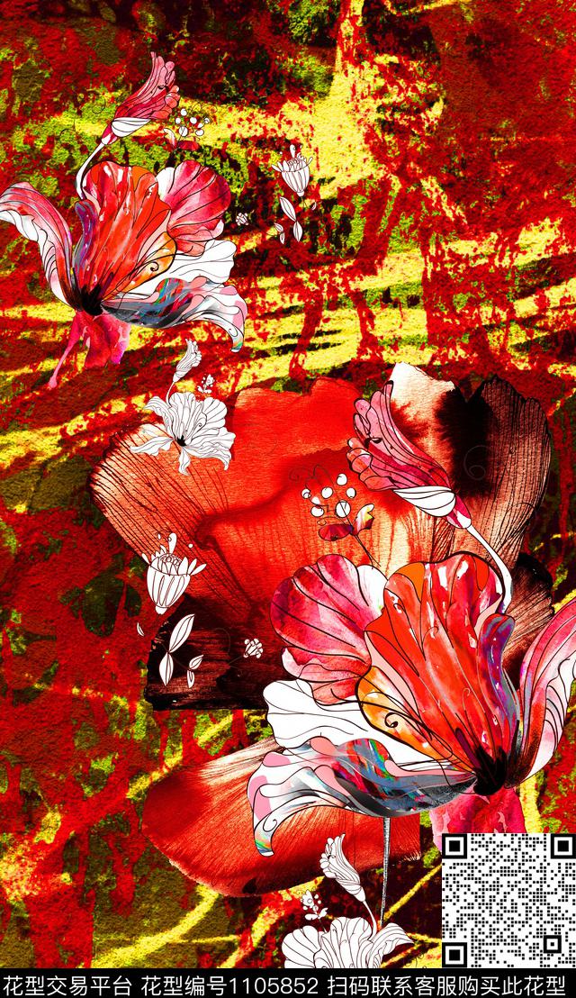 定位花笔触花卉数码印花华亿平台下载（图片编号: 1105852） - 瓦栏（Walan）