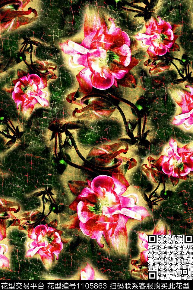 数码华亿平台花卉手绘花卉数码印花华亿平台下载（图片编号: 1105863） - 瓦栏（Walan）