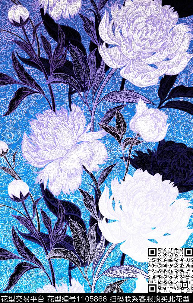 定位花花卉手绘花卉数码印花华亿平台下载（图片编号: 1105866） - 瓦栏（Walan）