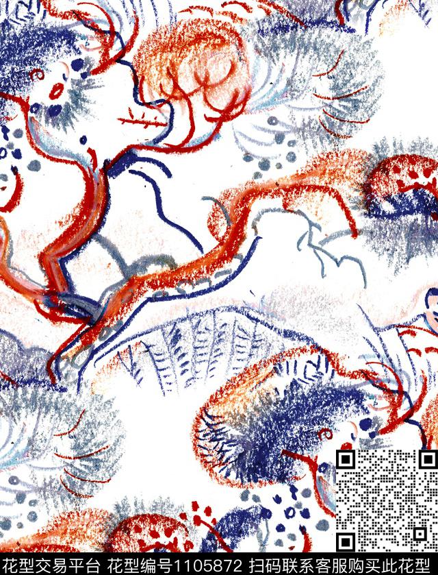 几何手绘花卉蜡笔画数码印花华亿平台下载（图片编号: 1105872） - 瓦栏（Walan）