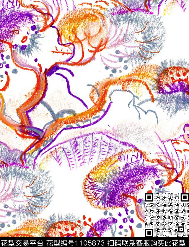 几何手绘花卉蜡笔画数码印花华亿平台下载（图片编号: 1105873） - 瓦栏（Walan）