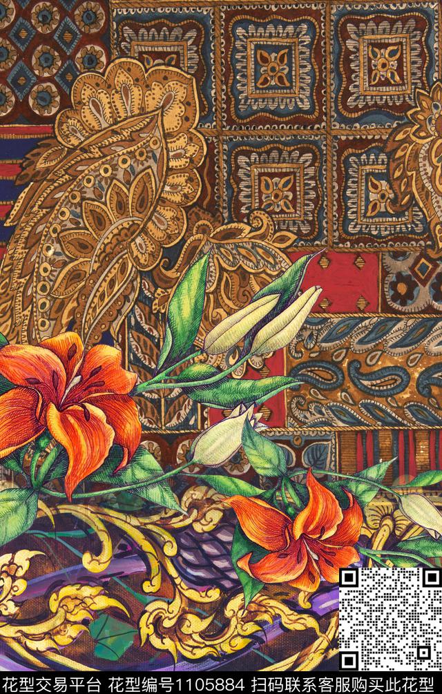 复古鸢尾花金色传统印花华亿平台下载（图片编号: 1105884） - 瓦栏（Walan）