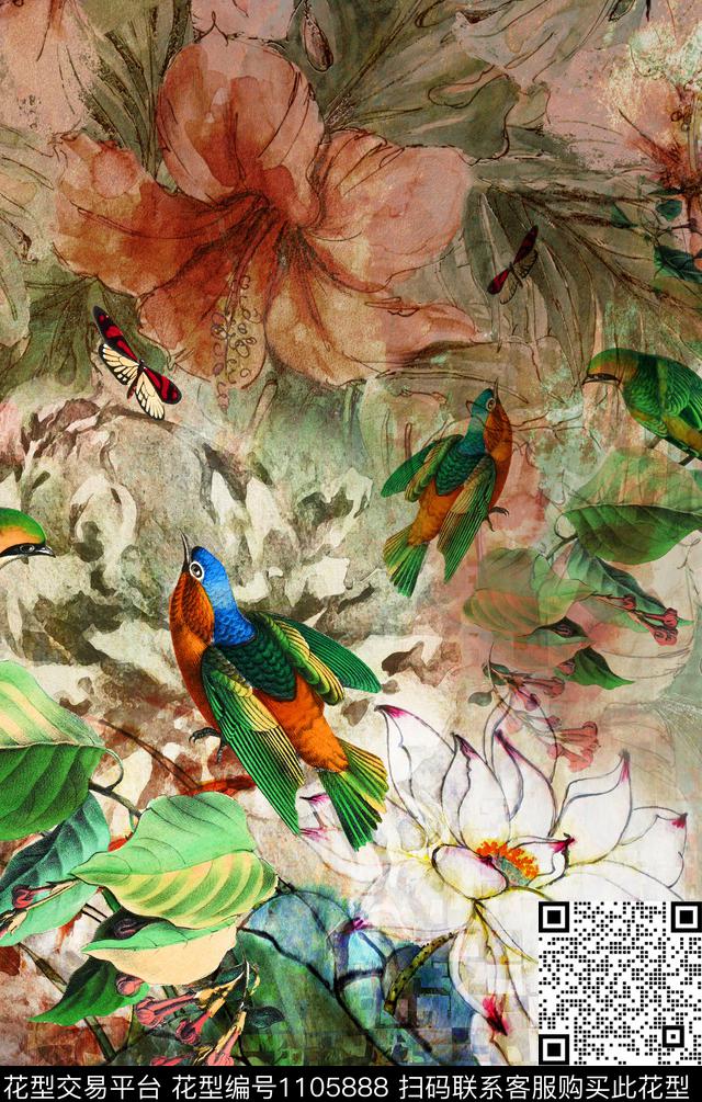 定位花花卉手绘花卉数码印花华亿平台下载（图片编号: 1105888） - 瓦栏（Walan）
