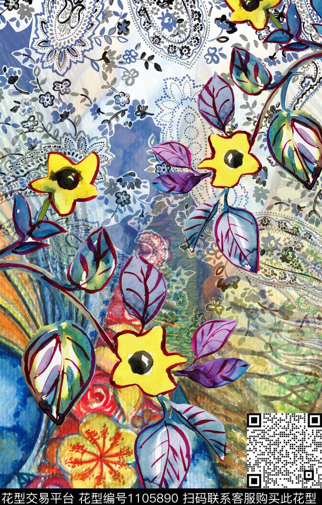 复古定位花大牌风传统印花华亿平台下载（图片编号: 1105890） - 瓦栏（Walan）