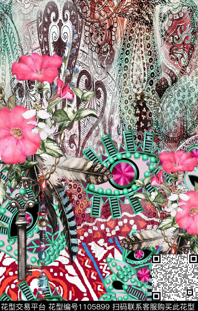 定位花民族风花卉数码印花华亿平台下载（图片编号: 1105899） - 瓦栏（Walan）