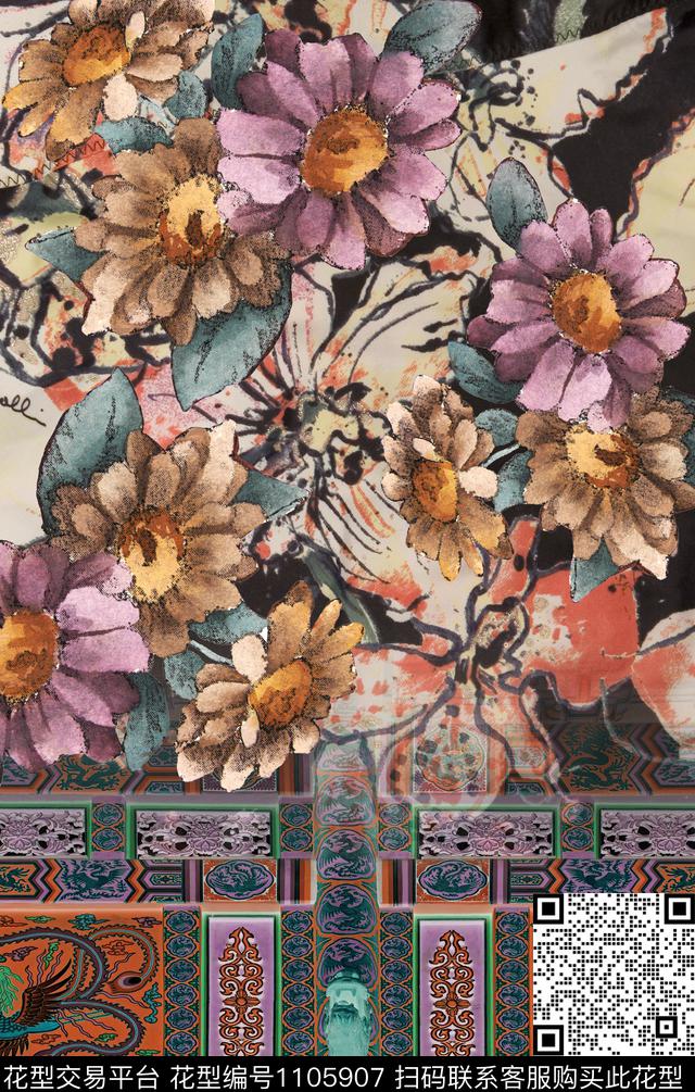 大牌风花卉定位花传统印花华亿平台下载（图片编号: 1105907） - 瓦栏（Walan）