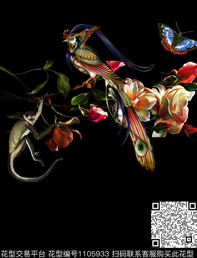 猴子鸟花卉数码印花华亿平台下载（图片编号: 1105933） - 瓦栏（Walan）