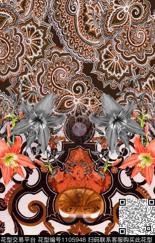 复古定位花大牌风传统印花华亿平台下载（图片编号: 1105948） - 瓦栏（Walan）