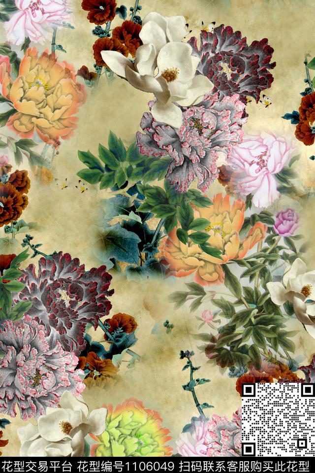 工笔花卉中国风花卉牡丹花卉数码印花华亿平台下载（图片编号: 1106049） - 瓦栏（Walan）