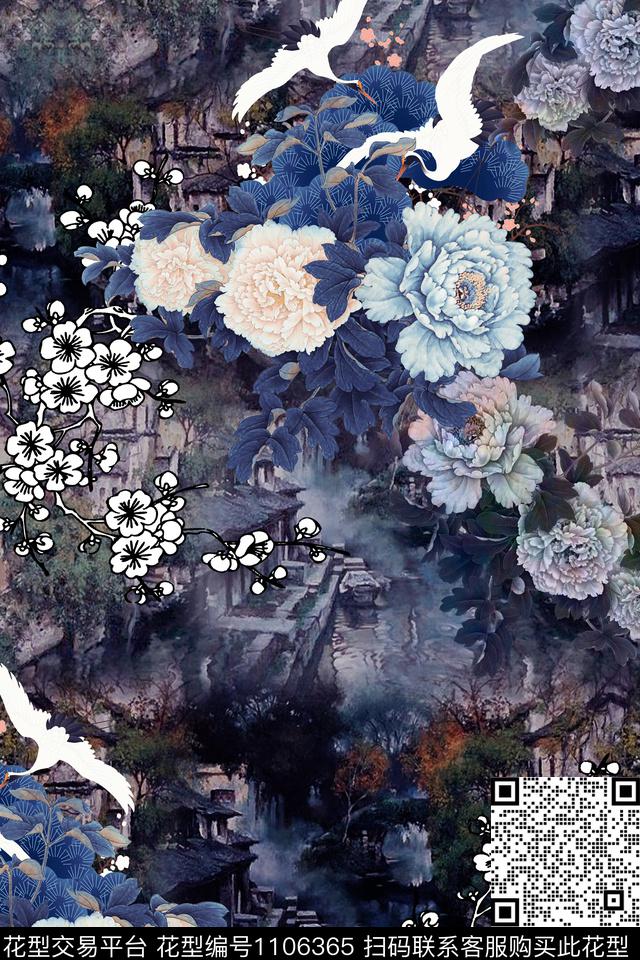 仙鹤中国风牡丹数码印花华亿平台下载（图片编号: 1106365） - 瓦栏（Walan）