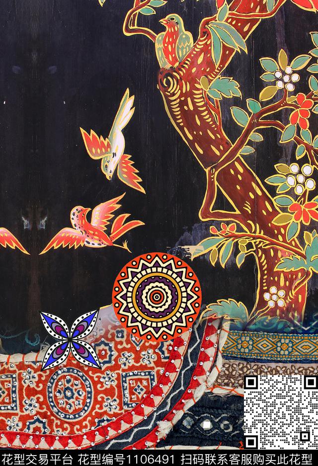 旗袍花鸟中老年数码印花华亿平台下载（图片编号: 1106491） - 瓦栏（Walan）