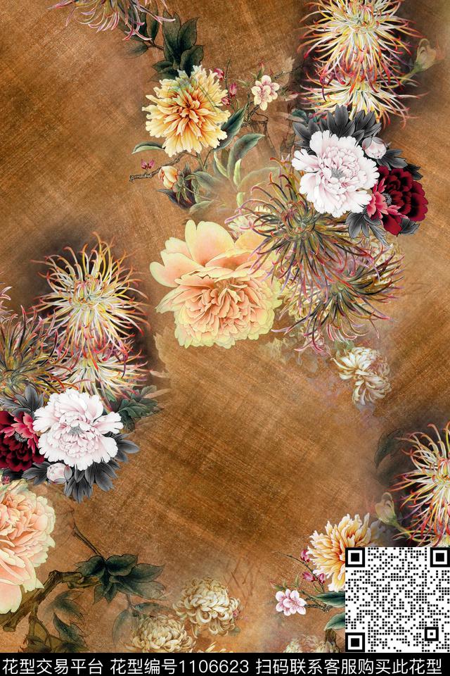 牡丹花卉国画菊花花卉数码印花华亿平台下载（图片编号: 1106623） - 瓦栏（Walan）