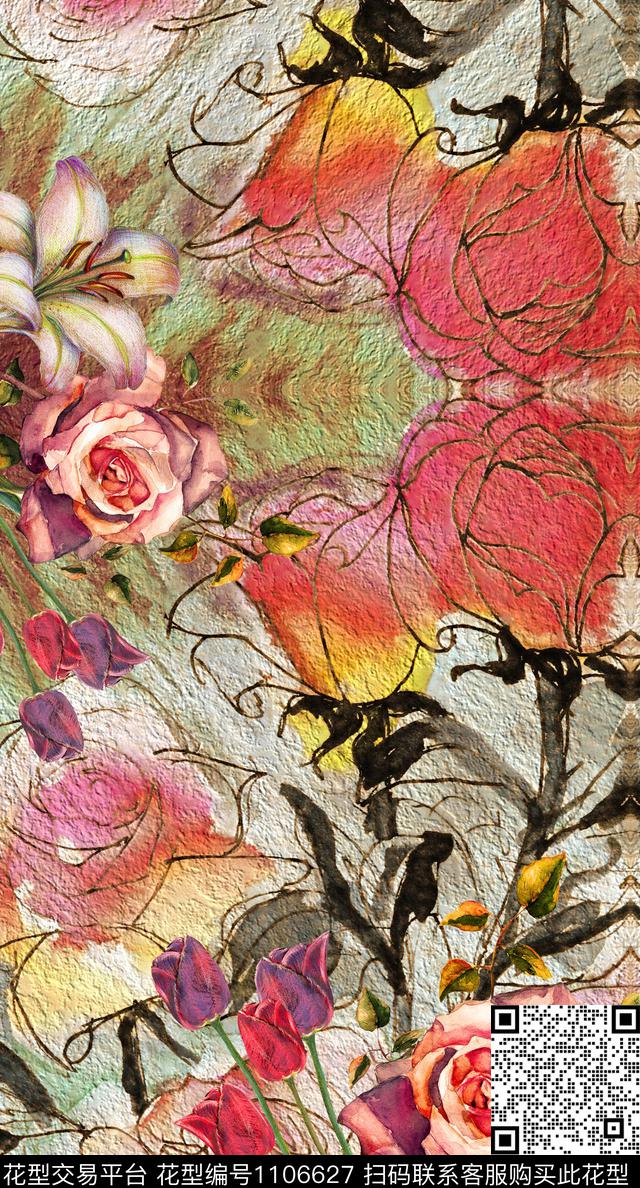 定位花复古真丝数码印花华亿平台下载（图片编号: 1106627） - 瓦栏（Walan）