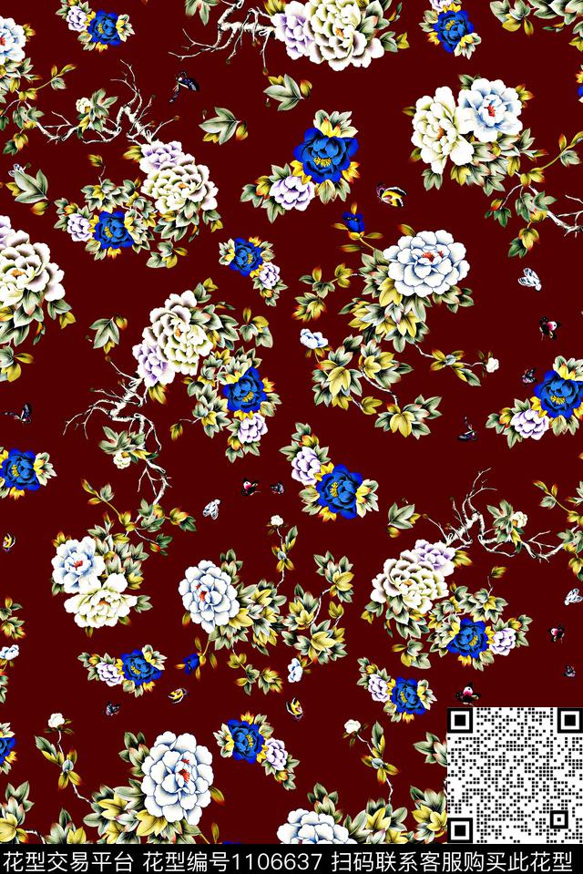 牡丹蝴蝶女装数码印花华亿平台下载（图片编号: 1106637） - 瓦栏（Walan）