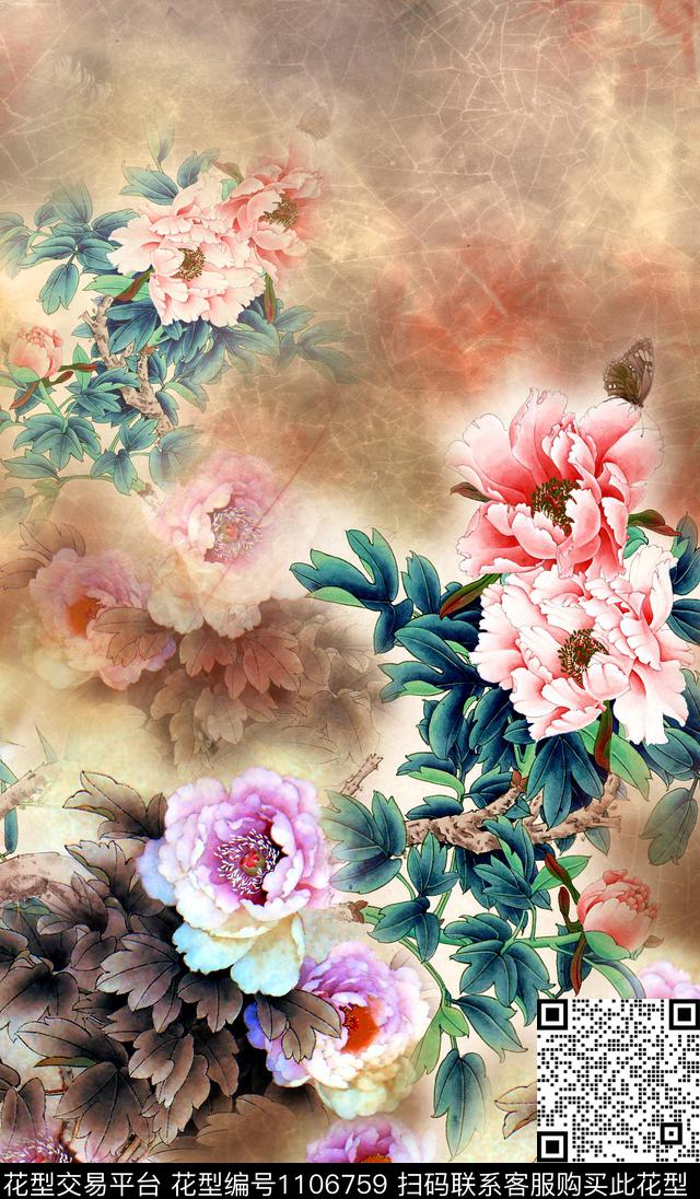 国画牡丹数码华亿平台数码印花华亿平台下载（图片编号: 1106759） - 瓦栏（Walan）