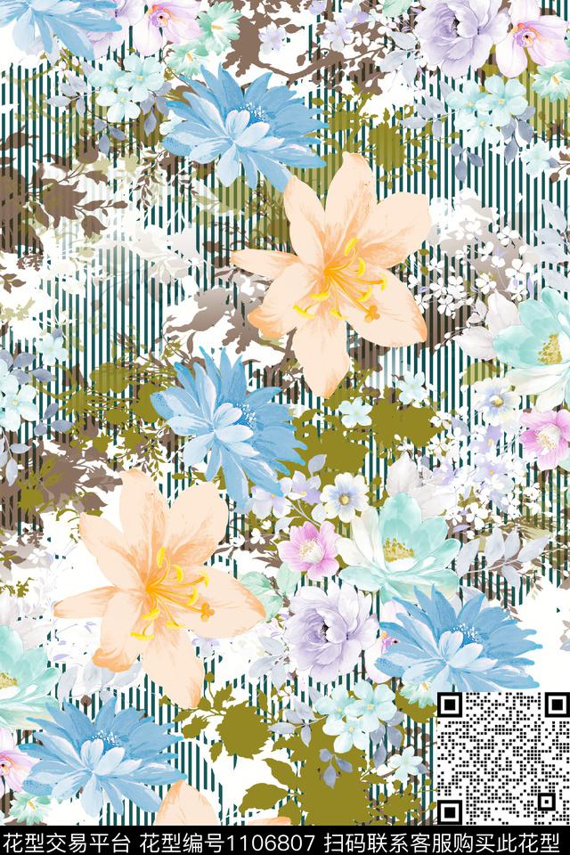 大花淡蓝色浅桔数码印花华亿平台下载（图片编号: 1106807） - 瓦栏（Walan）