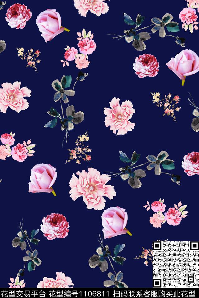 黑底花卉淑女矢量数码印花华亿平台下载（图片编号: 1106811） - 瓦栏（Walan）