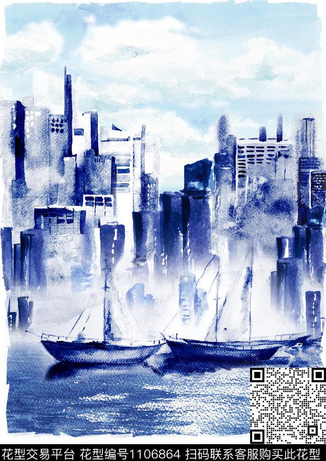 帆船水彩花卉胸前数码印花华亿平台下载（图片编号: 1106864） - 瓦栏（Walan）