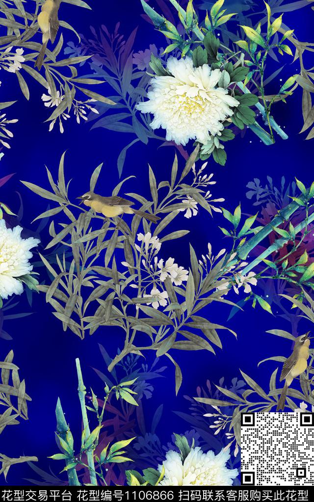 花卉竹子鸟数码印花华亿平台下载（图片编号: 1106866） - 瓦栏（Walan）