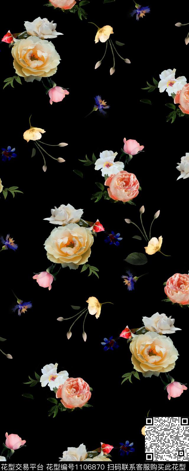 花卉黑底花卉数码华亿平台数码印花华亿平台下载（图片编号: 1106870） - 瓦栏（Walan）