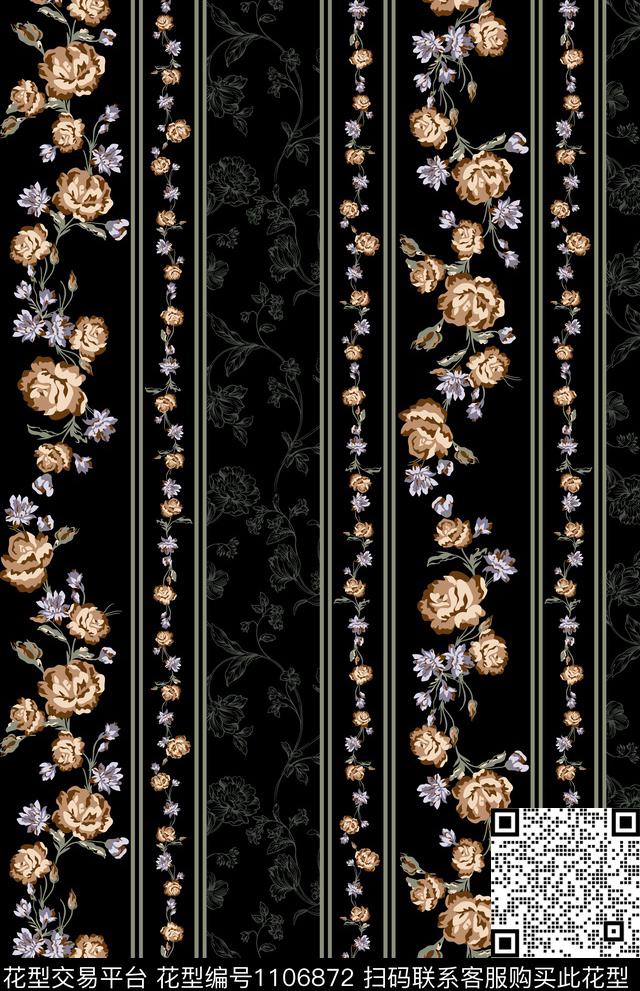 花卉黑底花卉复古传统印花华亿平台下载（图片编号: 1106872） - 瓦栏（Walan）
