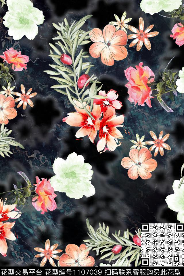 满版散花花卉数码华亿平台数码印花华亿平台下载（图片编号: 1107039） - 瓦栏（Walan）