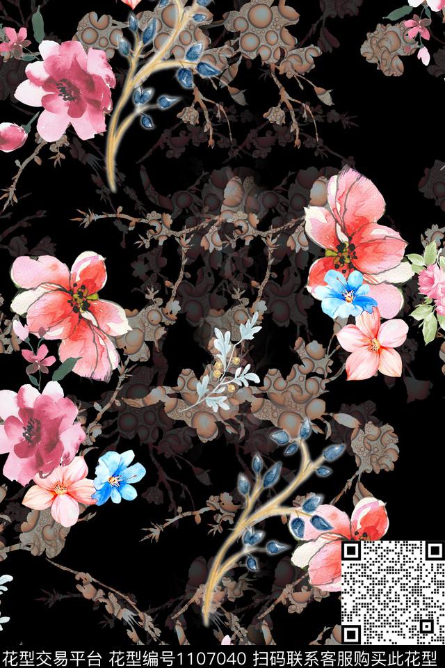 满版散花花卉数码华亿平台数码印花华亿平台下载（图片编号: 1107040） - 瓦栏（Walan）
