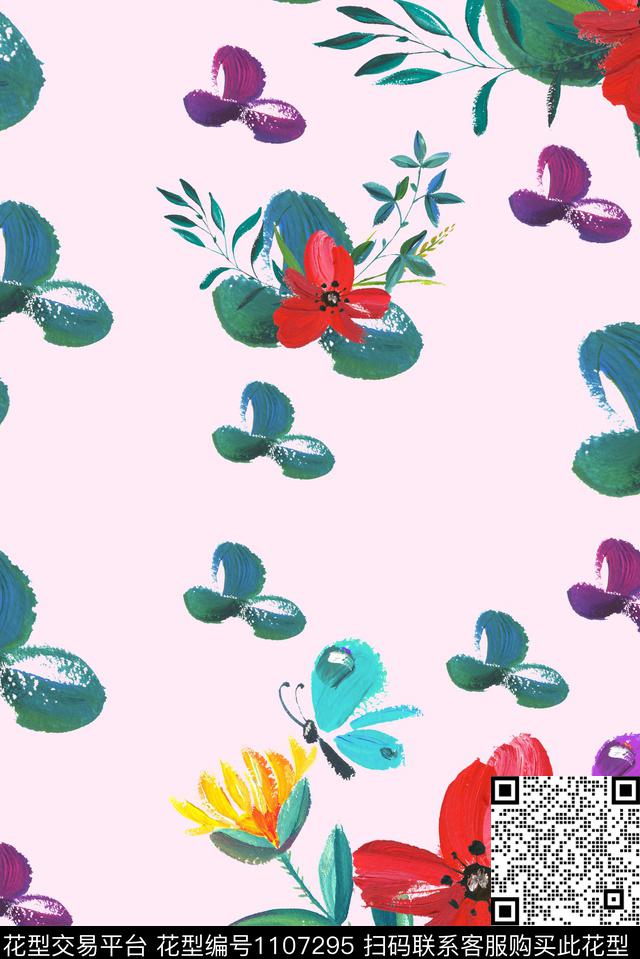 鲜花手绘大花蝴蝶数码印花华亿平台下载（图片编号: 1107295） - 瓦栏（Walan）