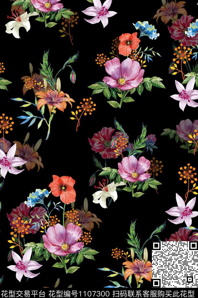 满版散花花卉黑底花卉数码印花华亿平台下载（图片编号: 1107300） - 瓦栏（Walan）