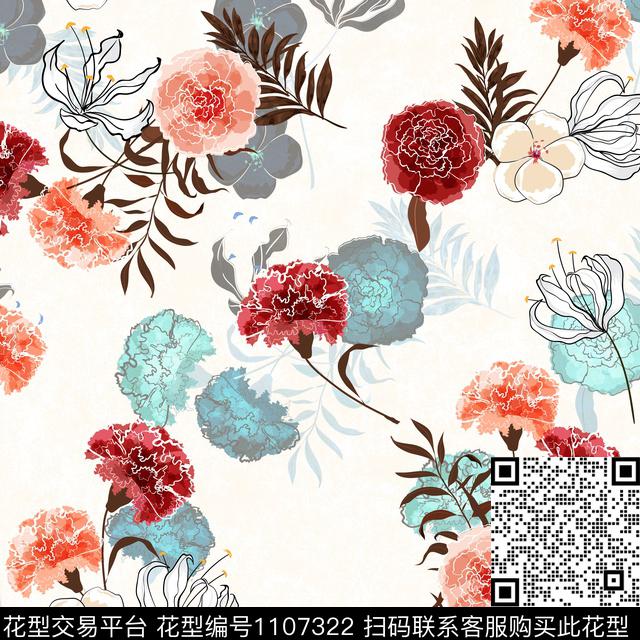 手绘花卉红花数码印花华亿平台下载（图片编号: 1107322） - 瓦栏（Walan）