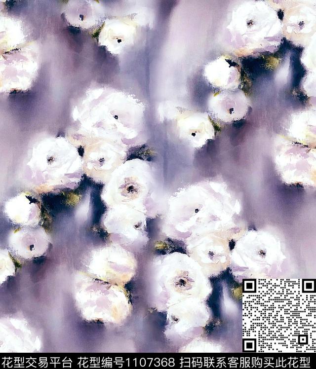 油画华亿平台手绘玫瑰清爽底花卉数码印花华亿平台下载（图片编号: 1107368） - 瓦栏（Walan）