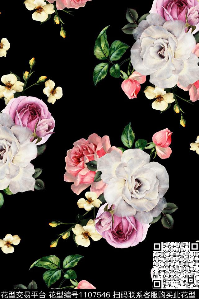 满版散花花卉黑底花卉数码印花华亿平台下载（图片编号: 1107546） - 瓦栏（Walan）