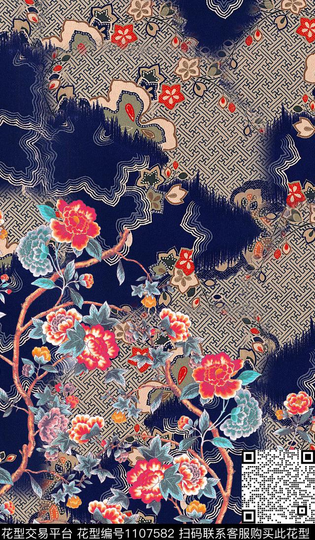 定位花中国风定位花单边数码定位花数码印花华亿平台下载（图片编号: 1107582） - 瓦栏（Walan）