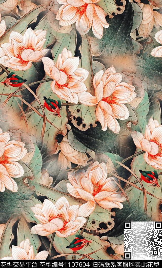 花卉香云纱荷花数码印花华亿平台下载（图片编号: 1107604） - 瓦栏（Walan）