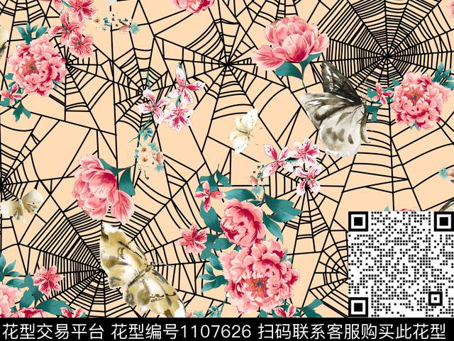 花卉蝴蝶蛛网数码印花华亿平台下载（图片编号: 1107626） - 瓦栏（Walan）