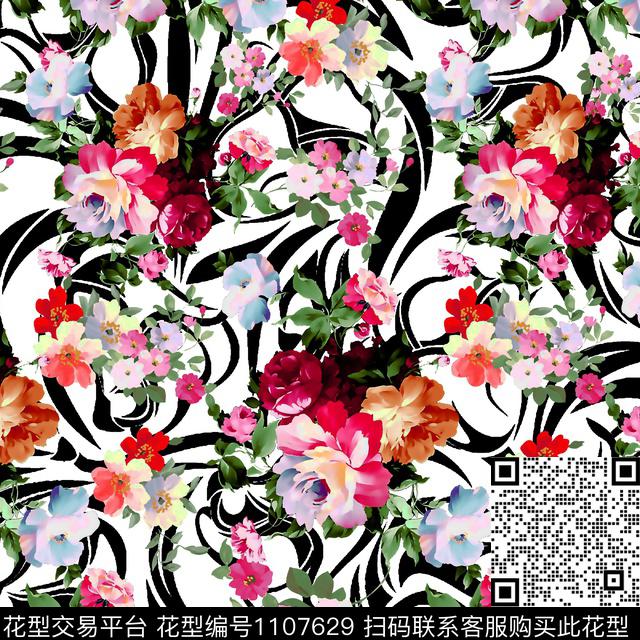 花卉复古抽象花卉数码印花华亿平台下载（图片编号: 1107629） - 瓦栏（Walan）